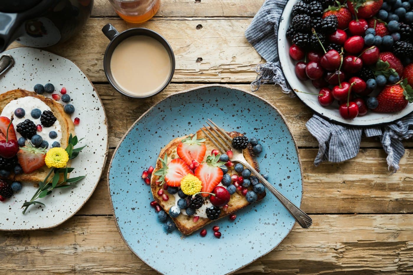 Breakfast set on a wooden table